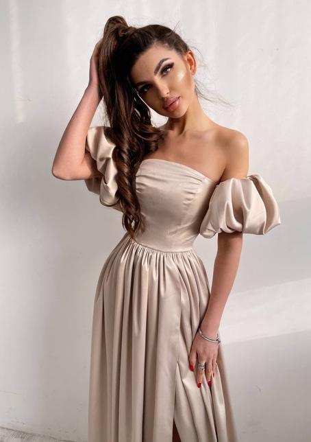 Атласное платье макси с объемными рукавами   | PUSHKA SHOP