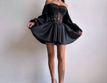 Атласна сукня з обʼємними рукавами та мереживом Атласна сукня з обʼємними рукавами та мереживом | PUSHKA SHOP