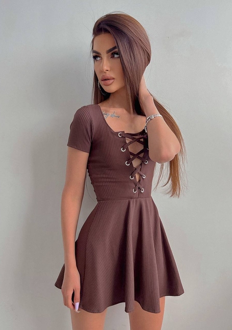 Трикотажное платье-мини со шнуровкой на груди  | PUSHKA SHOP