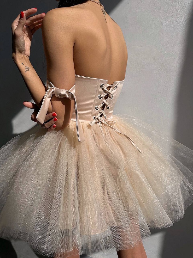 Атласна корсетна сукня міні з гачками та пишною фатиновою спідницею  | PUSHKA SHOP