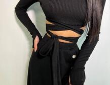 Трикотажный комплект: юбка  миди с разрезом + топ с завязками на талии  | PUSHKA SHOP