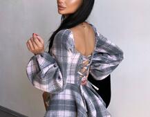 Корсетна сукня з подвійною спідницею та обʼємними рукавами у клітинку  Корсетна сукня з подвійною спідницею та обʼємними рукавами у клітинку  | PUSHKA SHOP