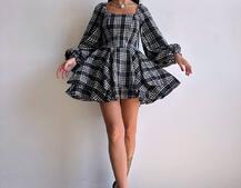 Корсетна сукня з подвійною спідницею та обʼємними рукавами у клітинку  Корсетна сукня з подвійною спідницею та обʼємними рукавами у клітинку  | PUSHKA SHOP