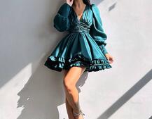 Атласна сукня з пишною подвійною спідницею та об‘ємними рукавами | PUSHKA SHOP