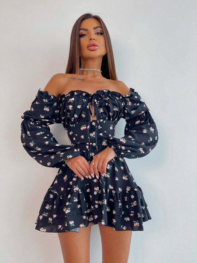 Сукня з квітковим принтом з воланами на ґудзиках  | PUSHKA SHOP