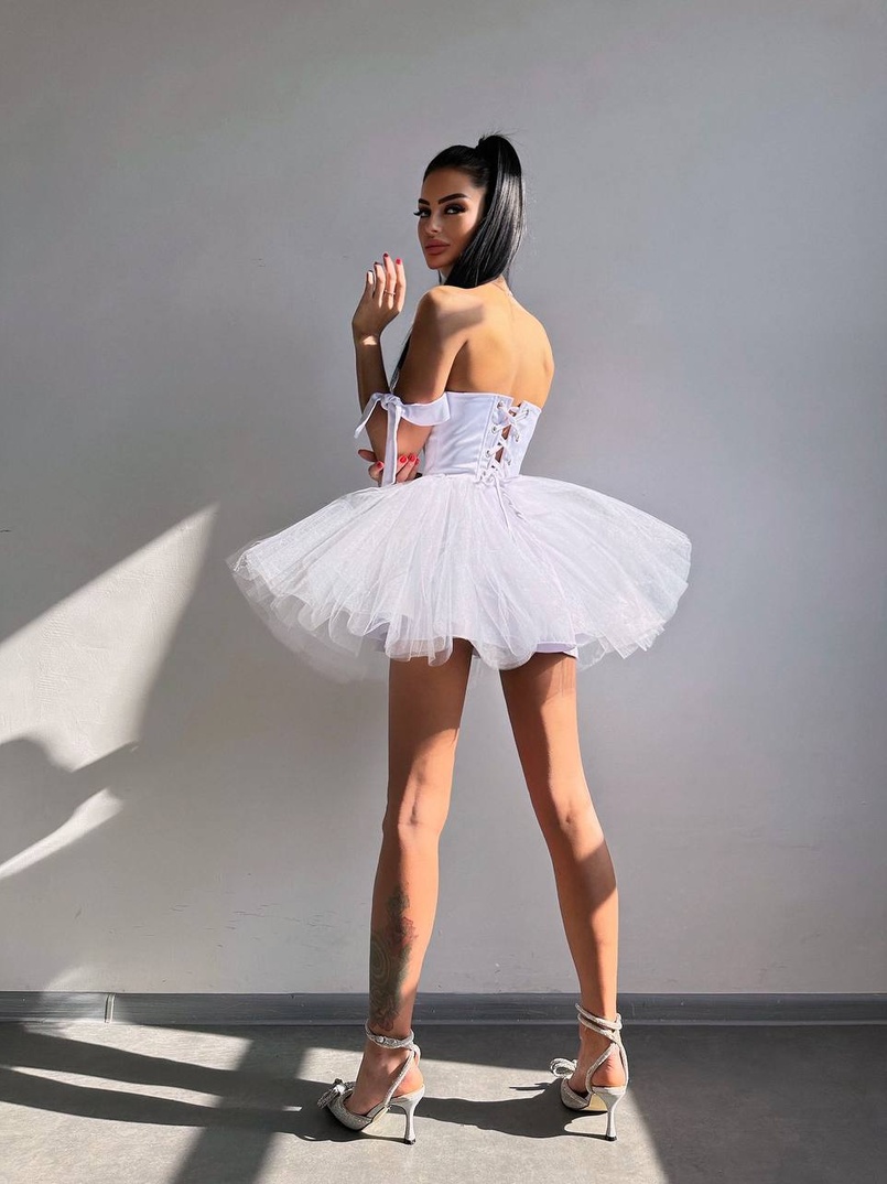 Атласна корсетна сукня міні з гачками та пишною фатиновою спідницею  Атласна корсетна сукня міні з гачками та пишною фатиновою спідницею  | PUSHKA SHOP