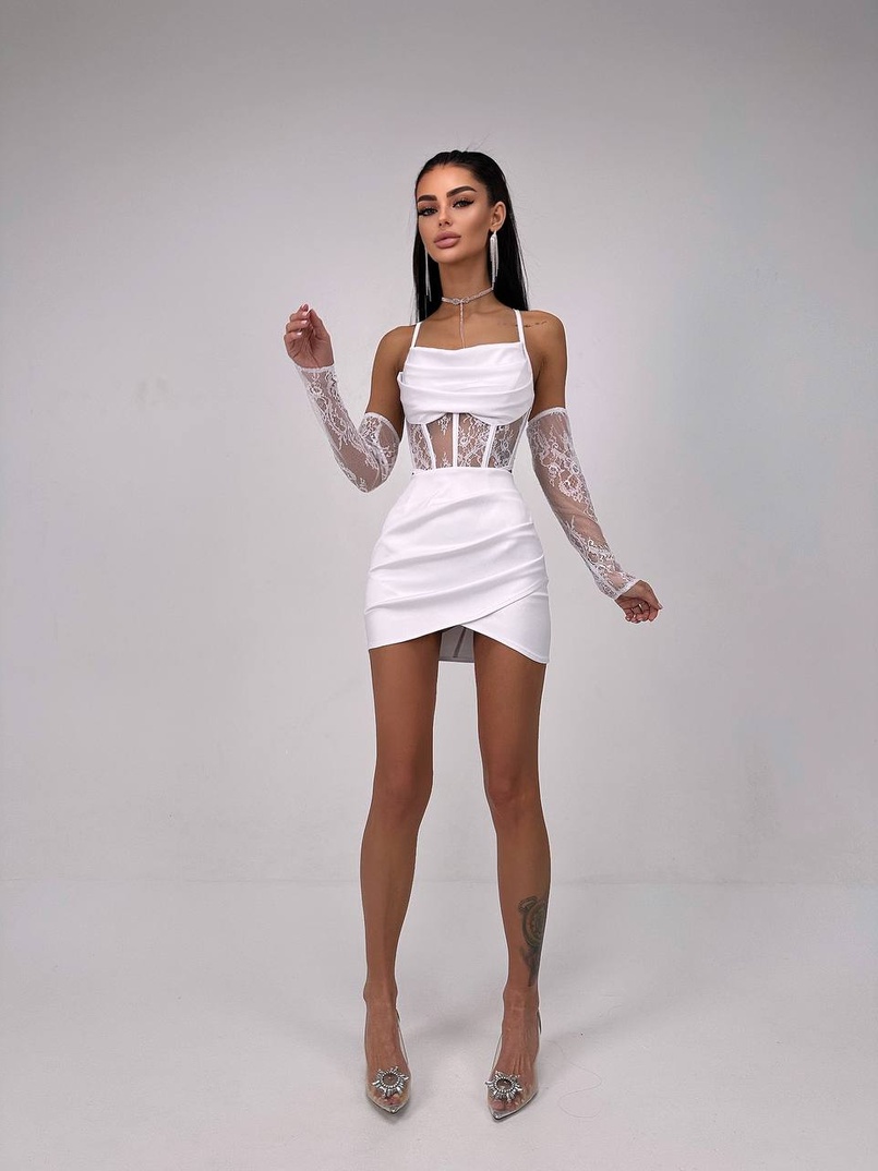 Комплект: корсет, декорований мереживом   + рукавички+ спідниця міні з драпіруванням   Комплект: корсет, декорований мереживом   + рукавички+ спідниця міні з драпіруванням   | PUSHKA SHOP