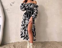 Сукня міді з розрізом в квітковий принт + прозорий корсет  | PUSHKA SHOP