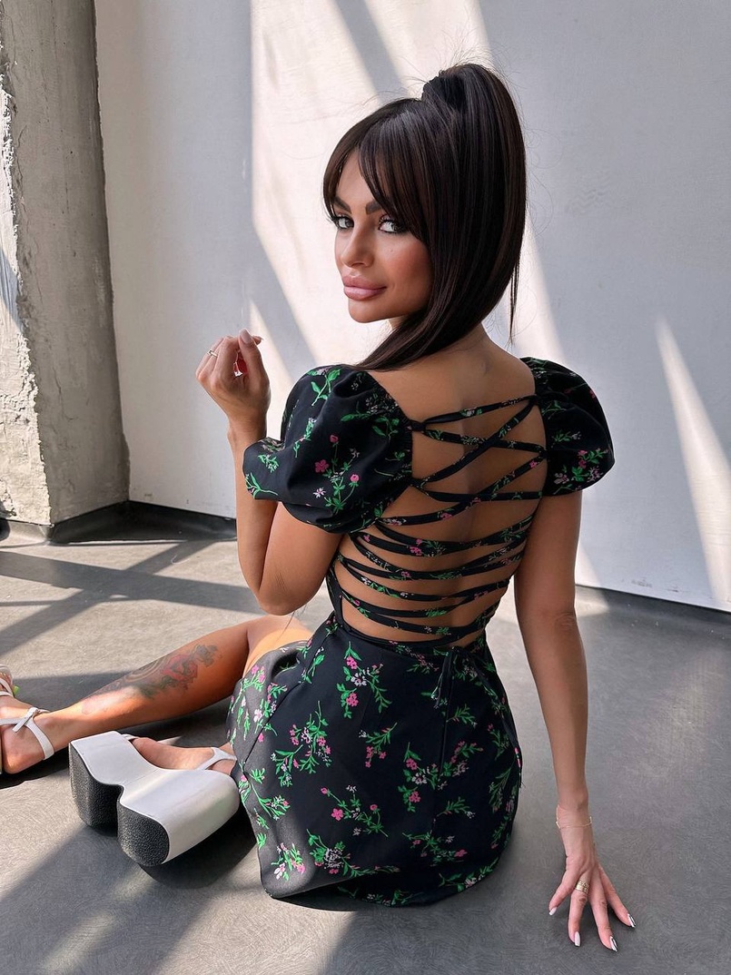 Сукня- міні у квітковий принт зі шнурівкою на спинці  Сукня- міні у квітковий принт зі шнурівкою на спинці  | PUSHKA SHOP