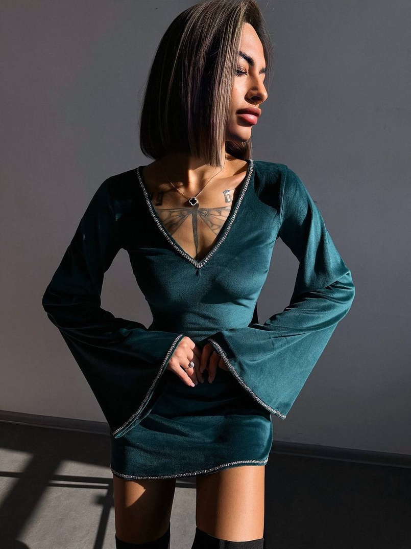 Оксамитова сукня,  декорована стразами з розкльошоними рукавами  Оксамитова сукня,  декорована стразами з розкльошоними рукавами  | PUSHKA SHOP