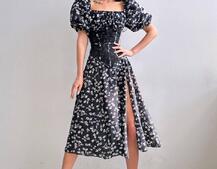 Сукня міді з розрізом в квітковий принт + прозорий корсет  | PUSHKA SHOP