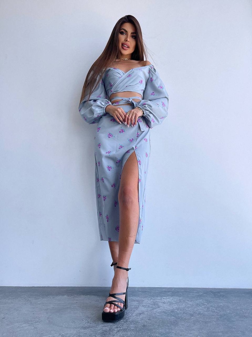 Квітковий комплект: топ із зав'язками на талії + спідниця міді з розрізом | PUSHKA SHOP