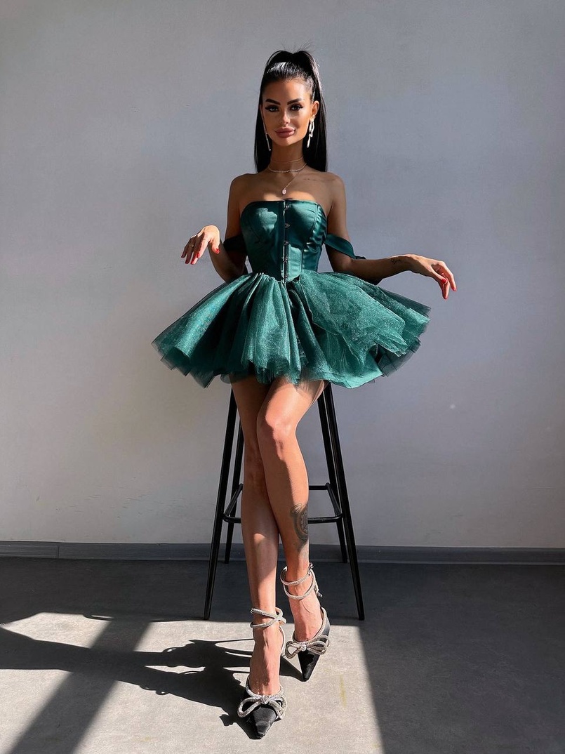 Атласна корсетна сукня міні з гачками та пишною фатиновою спідницею  | PUSHKA SHOP