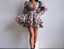 Сукня з подвійною спідницею та обʼємними рукавами у клітинку  Сукня з подвійною спідницею та обʼємними рукавами у клітинку  | PUSHKA SHOP