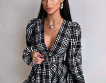 Сукня з подвійною спідницею та обʼємними рукавами у клітинку  Сукня з подвійною спідницею та обʼємними рукавами у клітинку  | PUSHKA SHOP