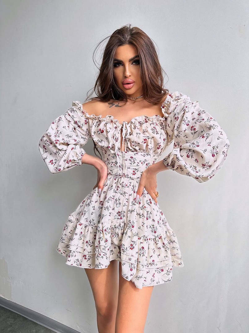 Сукня з квітковим принтом з воланами на ґудзиках  | PUSHKA SHOP