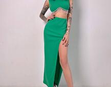 Комплект: топ з бахромою зі страз та спідниця з розрізом  | PUSHKA SHOP