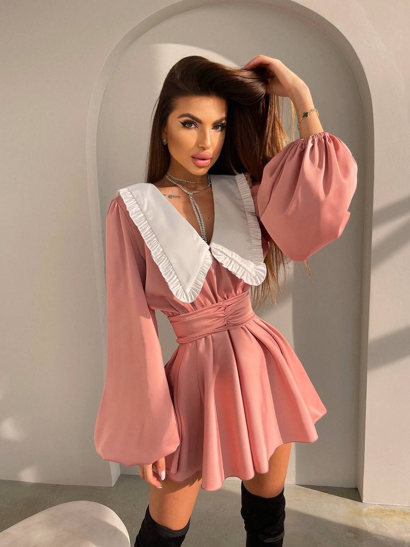 Сукня з коміром та об'ємними рукавами з широким поясом | PUSHKA SHOP