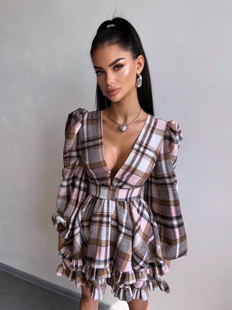 Сукня з подвійною спідницею та обʼємними рукавами у клітинку  Сукня з подвійною спідницею та обʼємними рукавами у клітинку  | PUSHKA SHOP