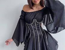 Шифонова сукня на підкладці з розкльошеними рукавами з асиметричною спідницею + корсет декорований стразами Ручна робота! Шифонова сукня на підкладці з розкльошеними рукавами з асиметричною спідницею + корсет декорований стразами Ручна робота! | PUSHKA SHOP