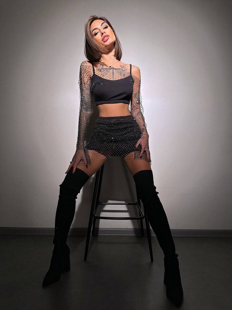 Комплект: топ + спідниця із сіткою зі стразами  | PUSHKA SHOP