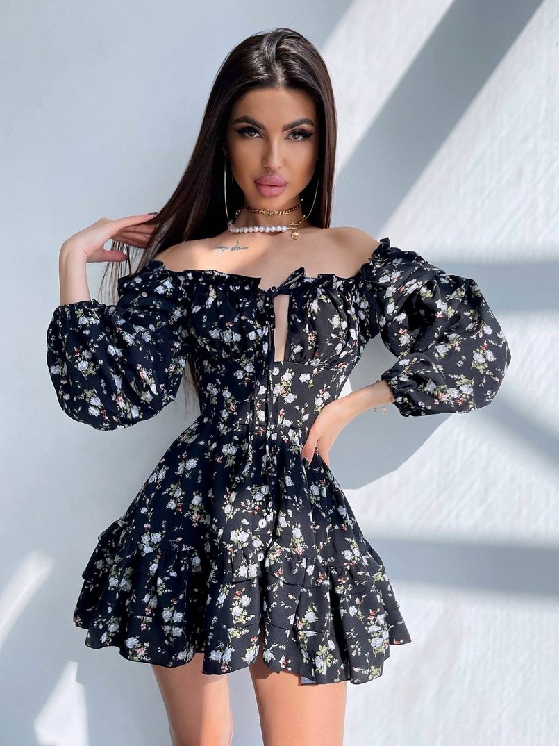 Сукня з квітковим принтом з воланами на ґудзиках  Сукня з квітковим принтом з воланами на ґудзиках  | PUSHKA SHOP