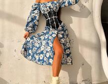 Сукня міді з розрізом в квітковий принт + прозорий корсет  Сукня міді з розрізом в квітковий принт + прозорий корсет  | PUSHKA SHOP