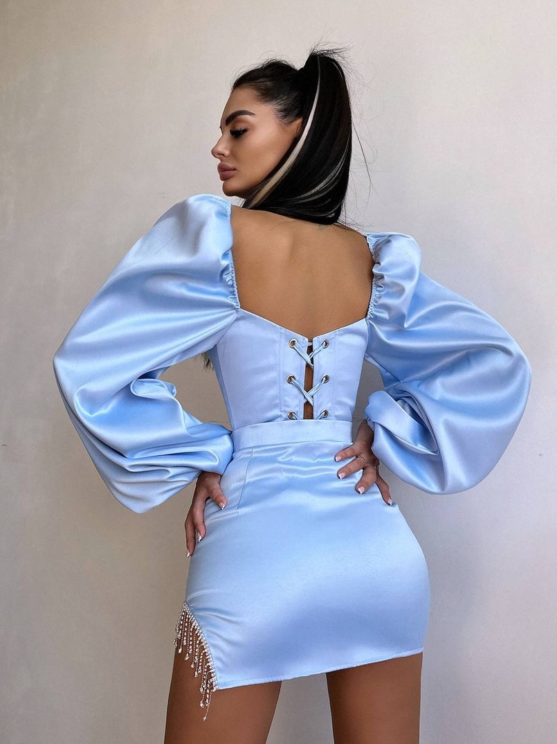 Атласний  комплект: корсет + спідниця декорована бахромою зі страз Атласний  комплект: корсет + спідниця декорована бахромою зі страз | PUSHKA SHOP