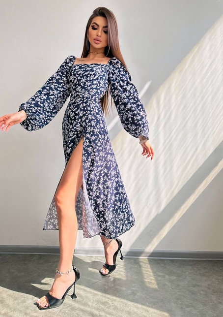 Квіткова сукня-міді зі шнурівкою на спинці та розрізом на ніжці | PUSHKA SHOP