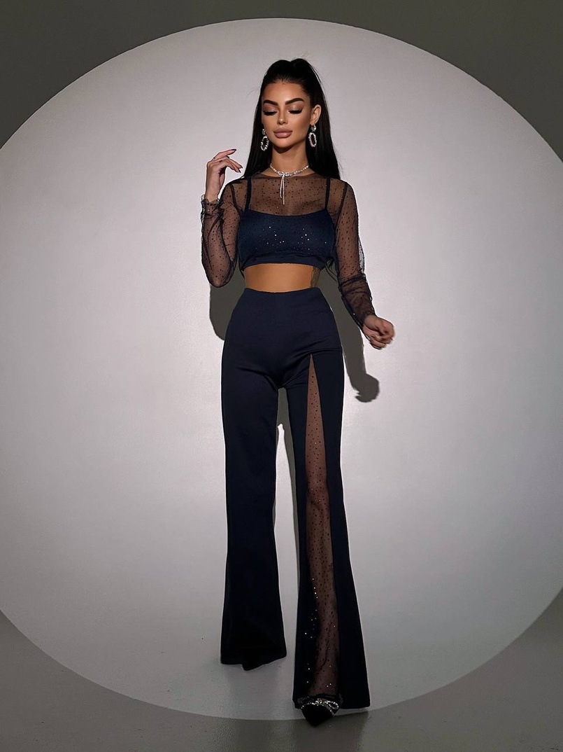 Комплект: топ + штани із сіткою зі стразами  Комплект: топ + штани із сіткою зі стразами  | PUSHKA SHOP
