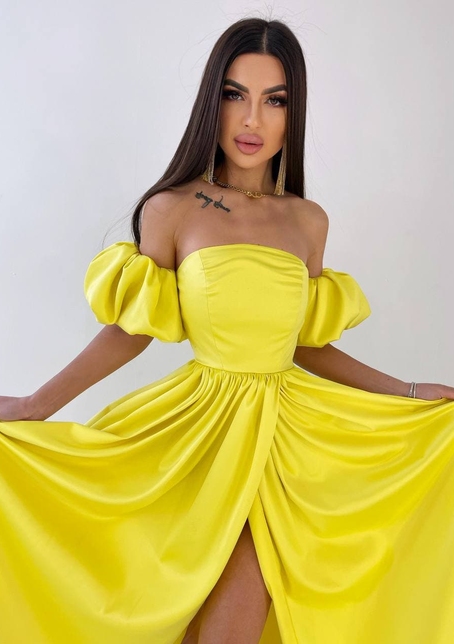 Атласное платье макси с объемными рукавами   | PUSHKA SHOP