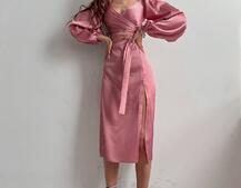 Шелковый комплект: топ с завязками на талии + юбка миди с разрезом  | PUSHKA SHOP