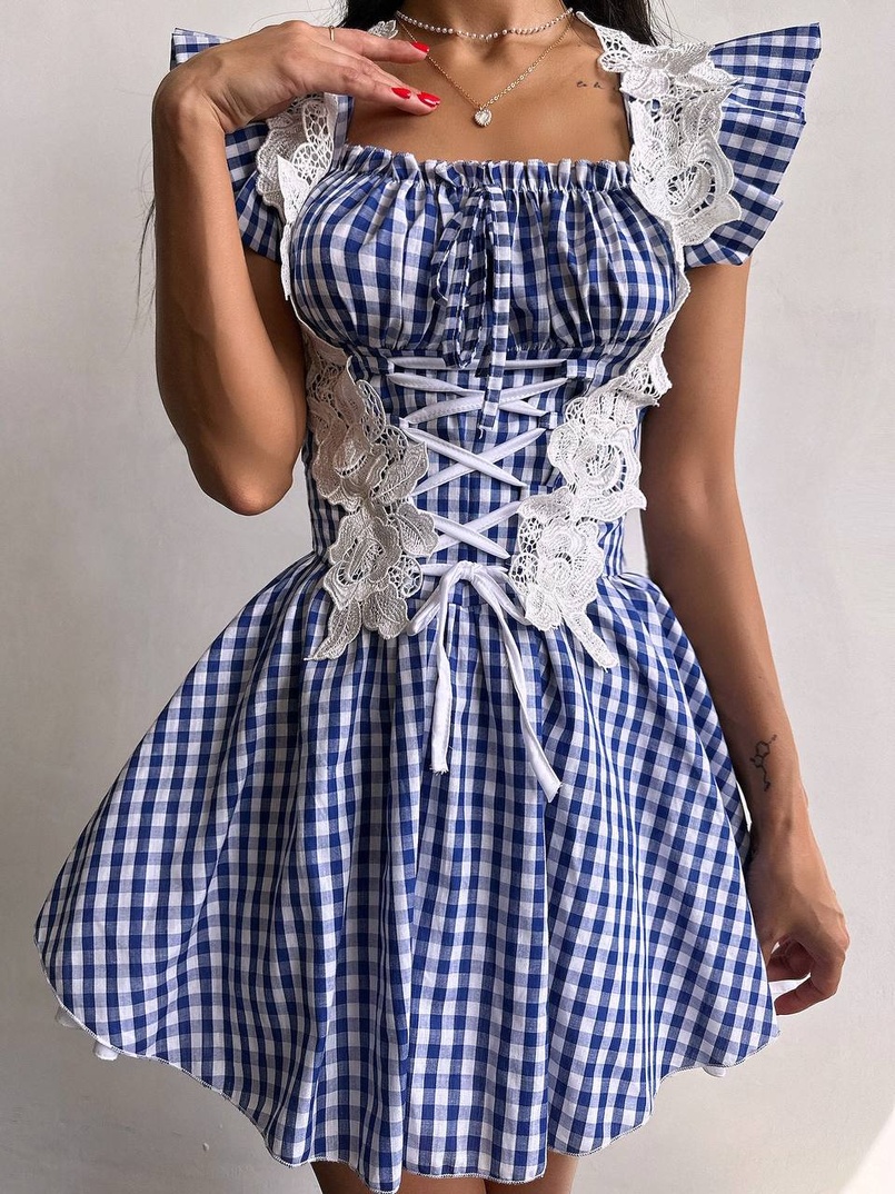 Сукня в клітинку декорована мереживом  Сукня в клітинку декорована мереживом  | PUSHKA SHOP