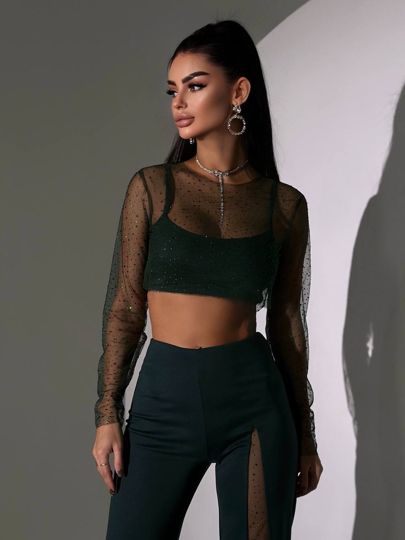 Комплект: топ + штани із сіткою зі стразами  Комплект: топ + штани із сіткою зі стразами  | PUSHKA SHOP