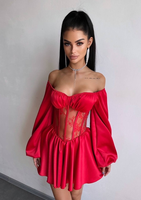 Атласна сукня з обʼємними рукавами та мереживом | PUSHKA SHOP