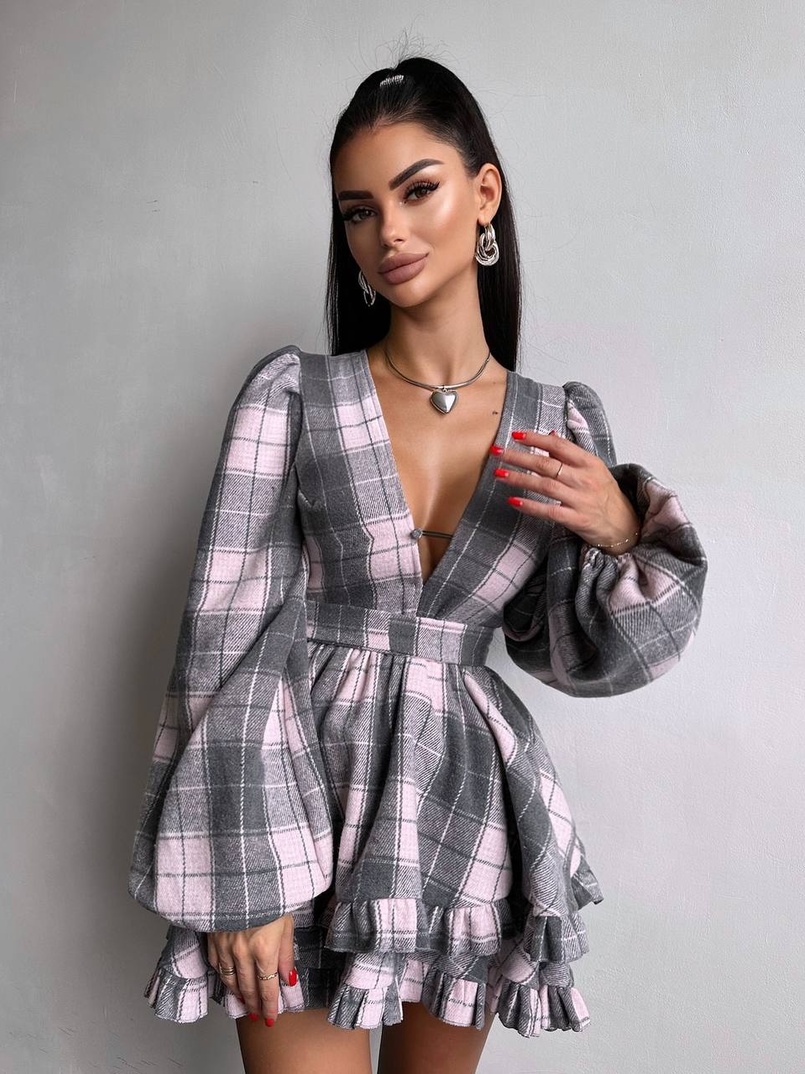 Сукня з подвійною спідницею та обʼємними рукавами у клітинку  Сукня з подвійною спідницею та обʼємними рукавами у клітинку  | PUSHKA SHOP