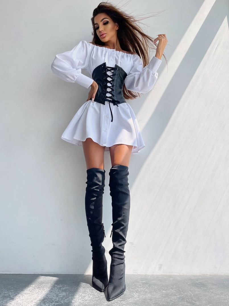 Приталена сукня-сорочка на плічках з корсетом з еко-шкіри | PUSHKA SHOP