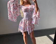 Сукня з асиметричною спідницею та розкльошеними рукавами + корсет  Сукня з асиметричною спідницею та розкльошеними рукавами + корсет  | PUSHKA SHOP