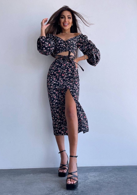 Квітковий комплект: топ із зав'язками на талії + спідниця міді з розрізом | PUSHKA SHOP