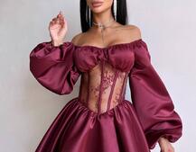 Атласна сукня з обʼємними рукавами та мереживом Атласна сукня з обʼємними рукавами та мереживом | PUSHKA SHOP