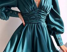 Атласна сукня з пишною подвійною спідницею та об‘ємними рукавами | PUSHKA SHOP