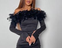 Сукня міді, декорована натуральним пір'ям Сукня міді, декорована натуральним пір'ям | PUSHKA SHOP