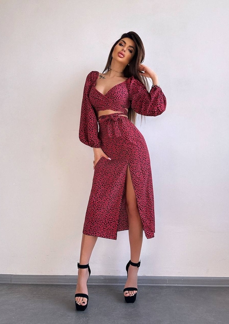 Комплект: топ із зав'язками на талії + спідниця міді з розрізом | PUSHKA SHOP