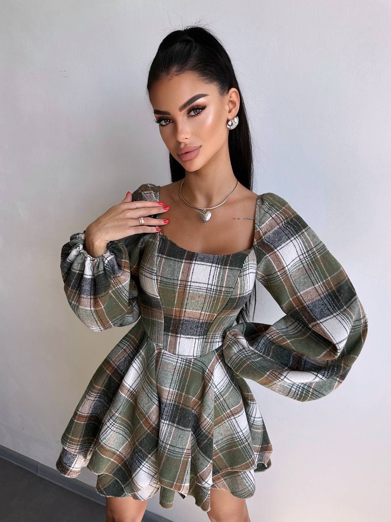 Корсетна сукня з подвійною спідницею та обʼємними рукавами у клітинку  Корсетна сукня з подвійною спідницею та обʼємними рукавами у клітинку  | PUSHKA SHOP