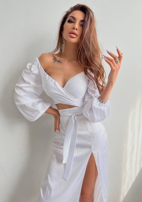 Шелковый комплект: топ с завязками на талии + юбка миди с разрезом  | PUSHKA SHOP