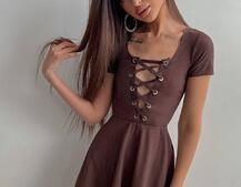 Трикотажное платье-мини со шнуровкой на груди  Трикотажное платье-мини со шнуровкой на груди  | PUSHKA SHOP