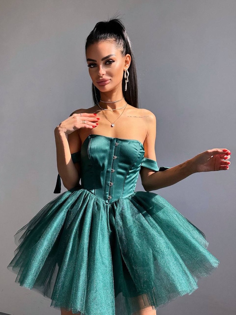Атласна корсетна сукня міні з гачками та пишною фатиновою спідницею  | PUSHKA SHOP