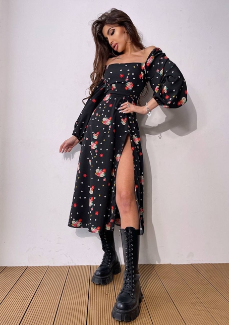 Квіткова сукня-міді зі шнурівкою на спинці та розрізом на ніжці | PUSHKA SHOP