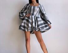 Корсетна сукня з подвійною спідницею та обʼємними рукавами у клітинку  Корсетна сукня з подвійною спідницею та обʼємними рукавами у клітинку  | PUSHKA SHOP