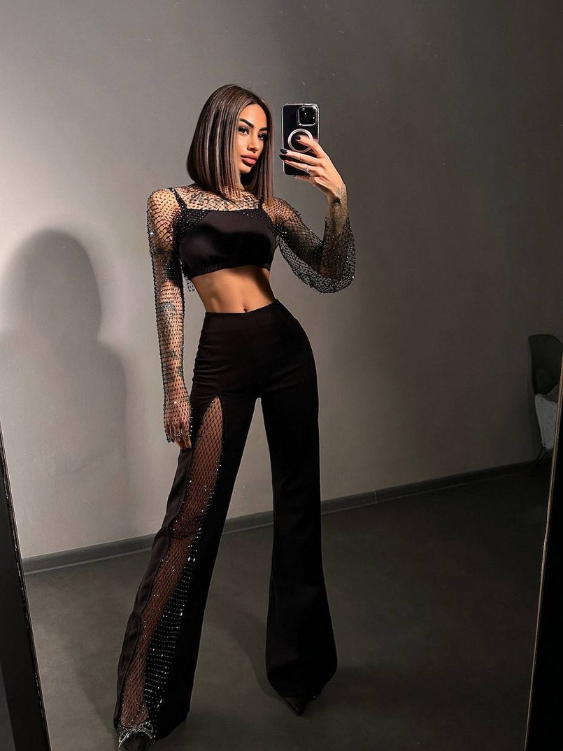 Комплект: топ + штани із сіткою зі стразами  Комплект: топ + штани із сіткою зі стразами  | PUSHKA SHOP